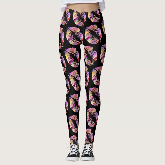 Colourful Lips Modern Black Leggings (Front)