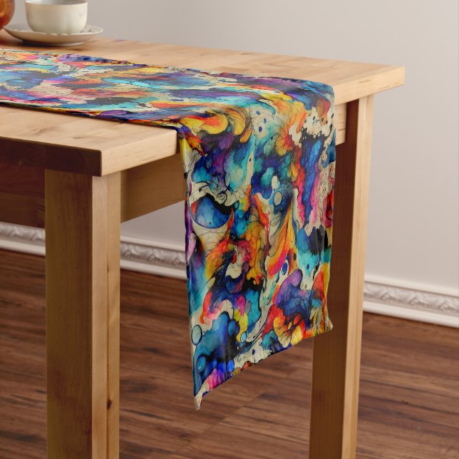 Colourful Liquid Ink Abstraction Short Table Runner (In Situ)