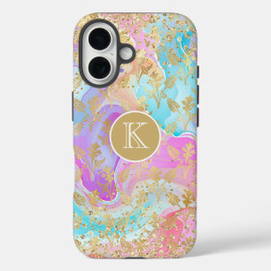 Colourful Liquid Marble Gold Floral Monogram iPhone 16 Case