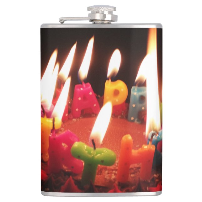 Colourful, LitC "Happy Birthday" Candles, Dark Roo Hip Flask (Front)