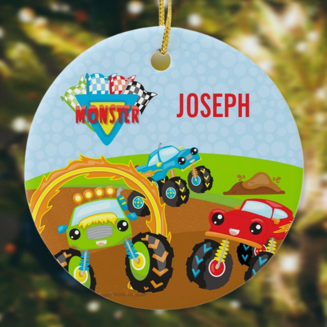 Colourful Little Boy Monster Trucks Name Christmas Ceramic Ornament (Creator Uploaded)