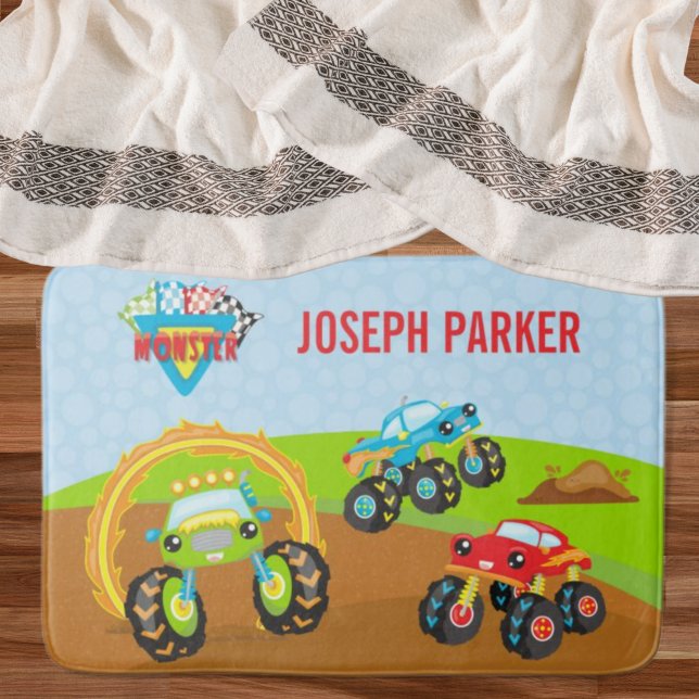 Colourful Little Boy Monster Trucks with First Nam Bath Mat (Creator Uploaded)