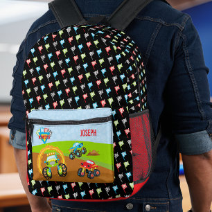 Colourful Little Boy Monster Trucks with First Nam Printed Backpack
