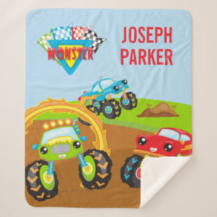 Colourful Little Boy Monster Trucks with First Nam Sherpa Blanket