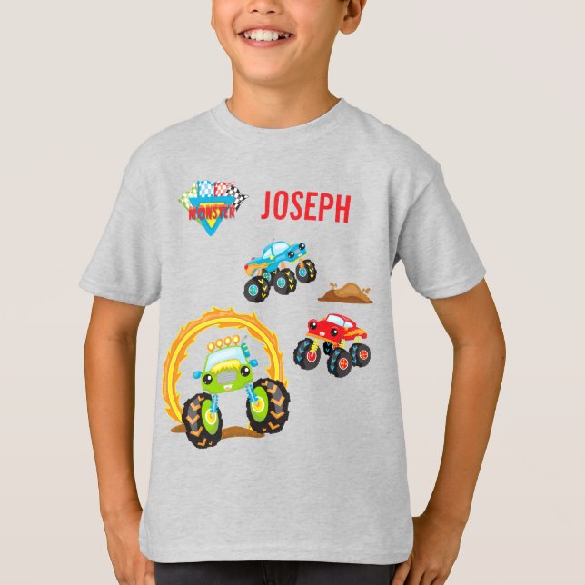 Colourful Little Boy Monster Trucks with First Nam T-Shirt (Front)