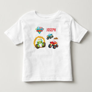 Colourful Little Boy Monster Trucks with First Nam Toddler T-shirt