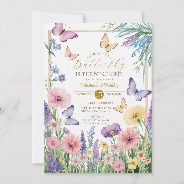Colourful Little Butterfly is turning one Invitation (Front)