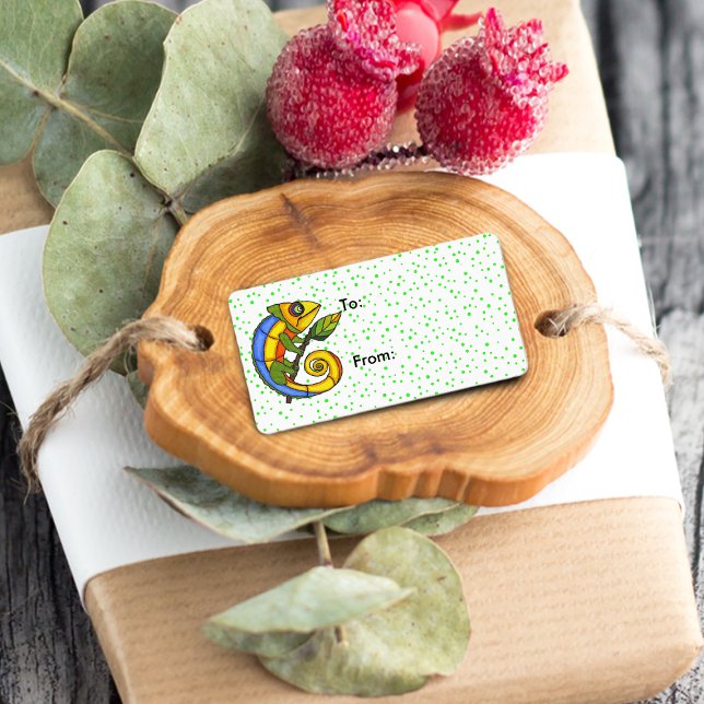 Colourful Lizard Branch Gift Tags (Brightly coloured lizard holding leaf on green polka dots on white gift tag label.)
