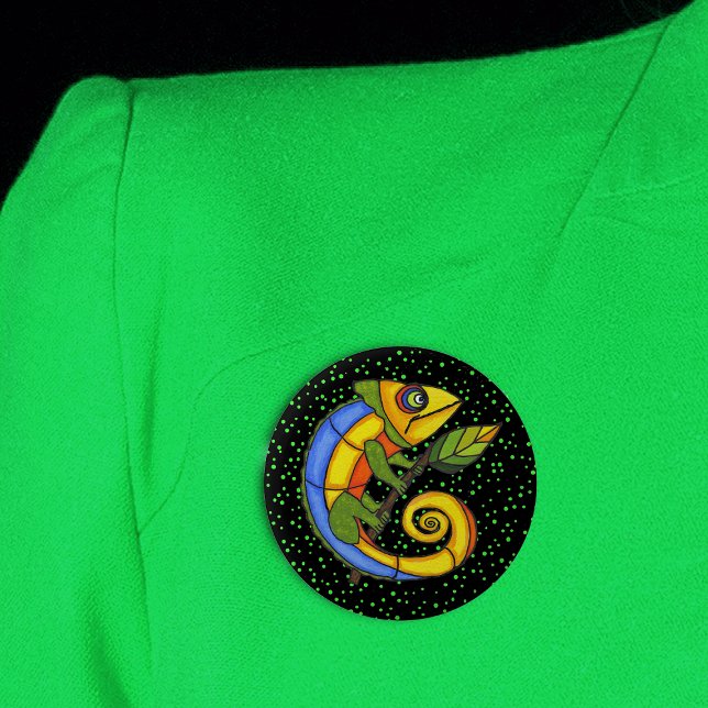 Colourful Lizard on a Branch 2 Inch Round Button (Colourful fantasy lizard holding twig with leaf on black with green dots round pin back button.)