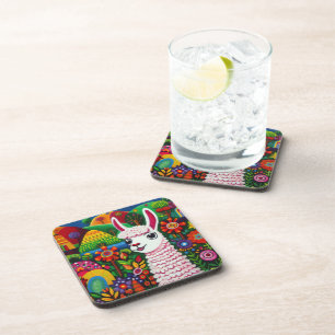 Colourful llama surrounded by flowers painting coaster