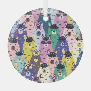 Colourful Llamas Childish Seamless Background Glass Ornament