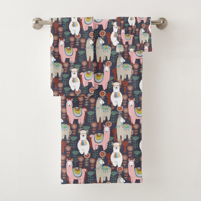 Colourful Llamas Pattern Bath Towel Set (Insitu)