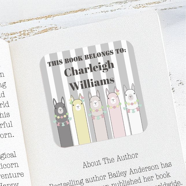 Colourful Llamas This Book Belongs To Bookplate Square Sticker (Creator Uploaded)