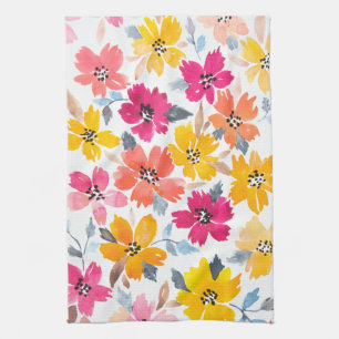 Colourful Loose Floral Watercolor Flowers Kitchen Towel