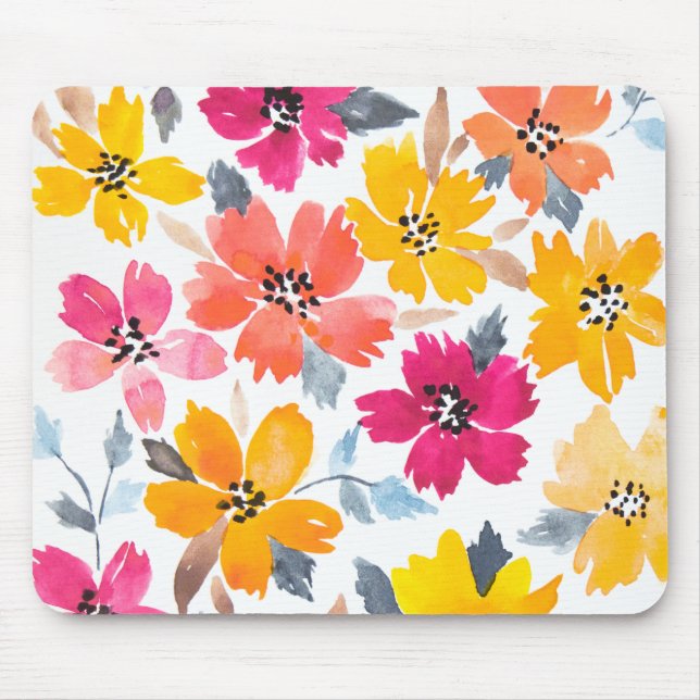 Colourful Loose Floral Watercolor Flowers Mouse Pad (Front)