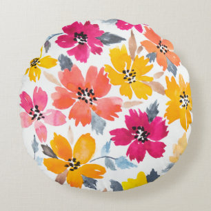Colourful Loose Floral Watercolor Flowers Round Pillow