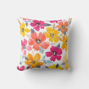 Colourful Loose Floral Watercolor Flowers Throw Pillow