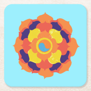 Colourful Lotus Flower Yin & Yang Mandala    Square Paper Coaster