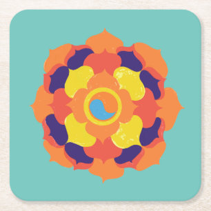 Colourful Lotus Flower Yin & Yang Mandala    Square Paper Coaster