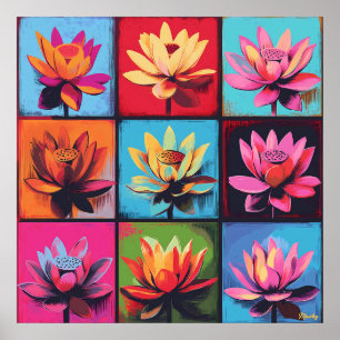 Colourful Lotus Grid Pop Art – Vibrant Floral Wall Poster