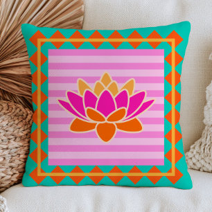 Colourful Lotus on Pink Stripes BOHO Chic Floral Throw Pillow
