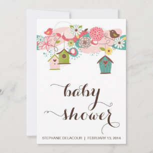 Colourful Love Birds and Bird Houses Baby Shower Invitation