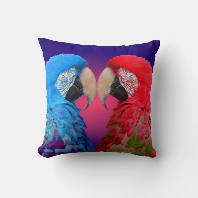 Colourful love birds, macaw or parrot throw pillow (Front)