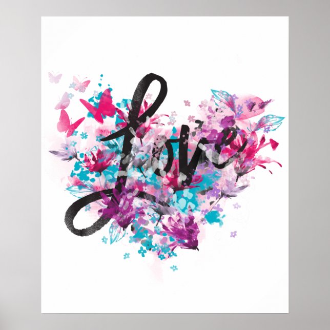 Colourful Love Floral Butterfly Heart Poster (Front)