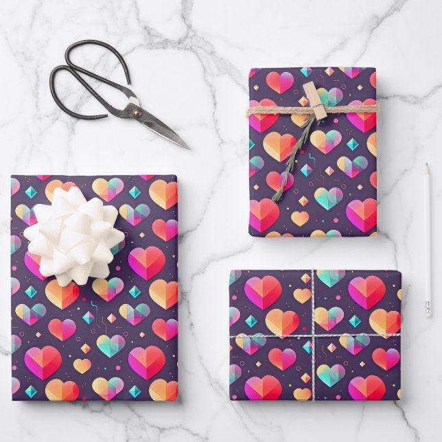 Colourful Love Heart Illustrated Valentines Day Wrapping Paper Sheet (Front)