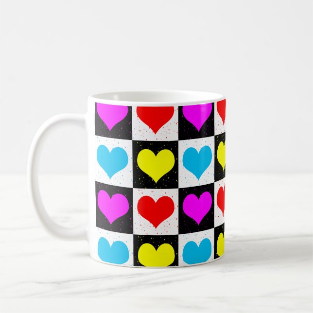 Colourful Love Hearts Geometric Block Print Coffee Mug (Left)