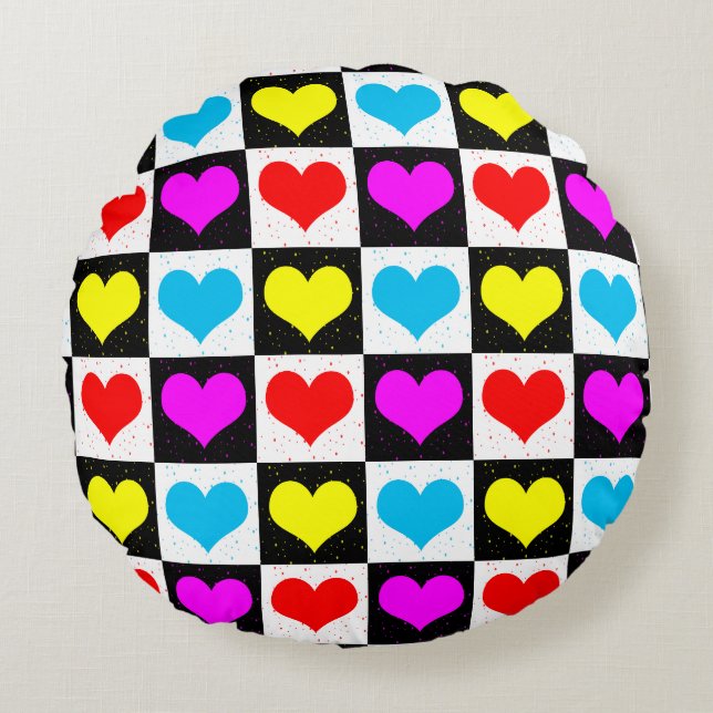 Colourful Love Hearts Geometric Block Print Round Pillow (Front)