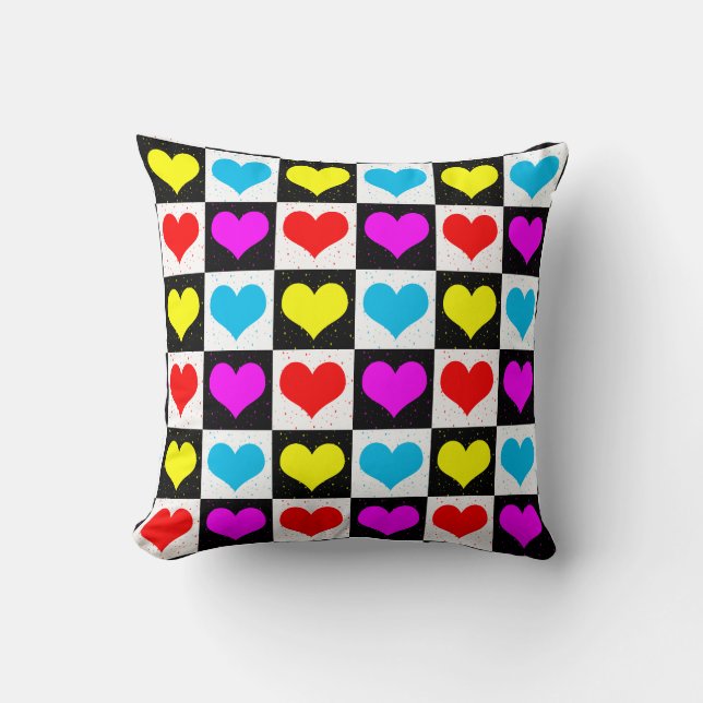 Colourful Love Hearts Geometric Block Print Throw Pillow (Front)