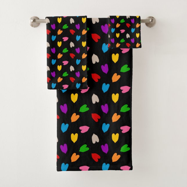 Colourful Love Hearts Pattern Design Black  Bath Towel Set (Insitu)
