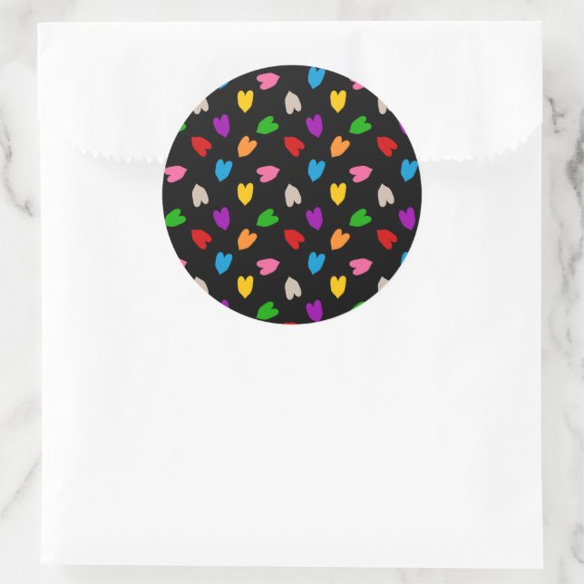 Colourful Love Hearts Pattern Design Black  Classic Round Sticker (Bag)