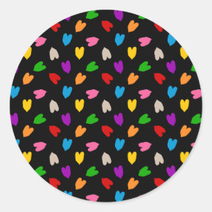 Colourful Love Hearts Pattern Design Black  Classic Round Sticker