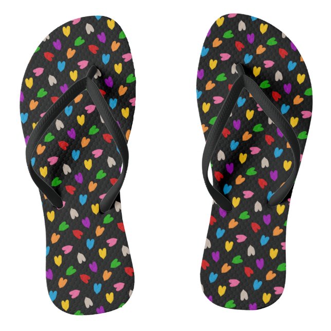 Colourful Love Hearts Pattern Design Black  Flip Flops (Footbed)