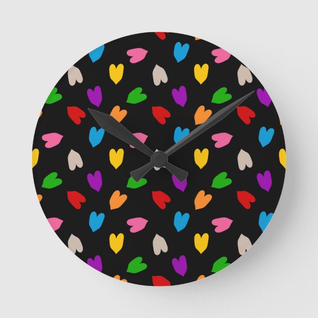 Colourful Love Hearts Pattern Design Black  Round Clock (Front)