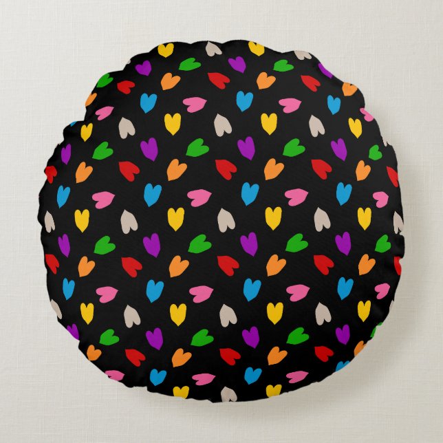 Colourful Love Hearts Pattern Design Black  Round Pillow (Front)