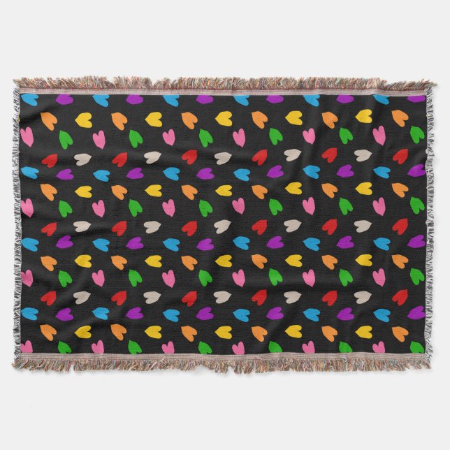 Colourful Love Hearts Pattern Design Black  Throw Blanket (Front)