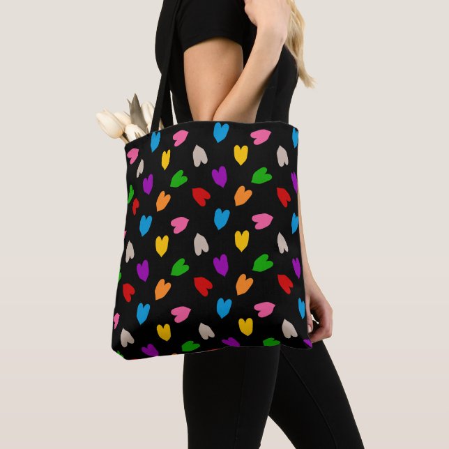 Colourful Love Hearts Pattern Design Black  Tote Bag (Close Up)