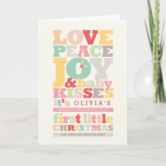 Colourful Love Peace Joy And Baby Kisses Letters Holiday Card (Front)