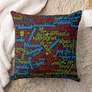 Colourful Love Word Cloud in Many Languages Throw Pillow
