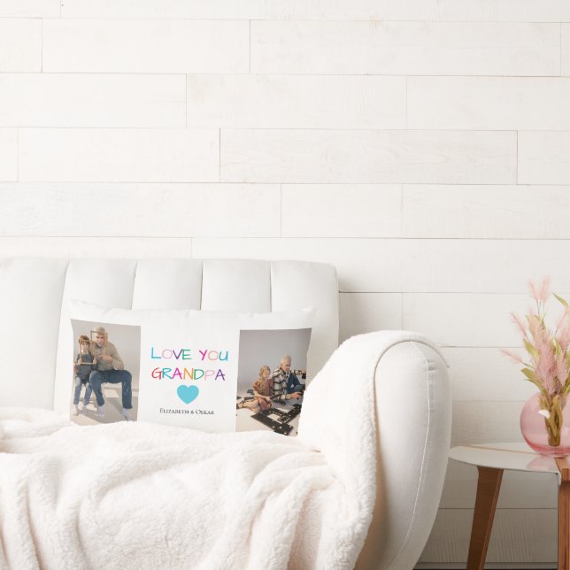 Colourful “Love You Grandpa” Text and Custom Photo Lumbar Pillow (Couch)