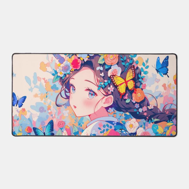 Colourful Lovely Floral Girl with Butterfly Desk Mat (Front)