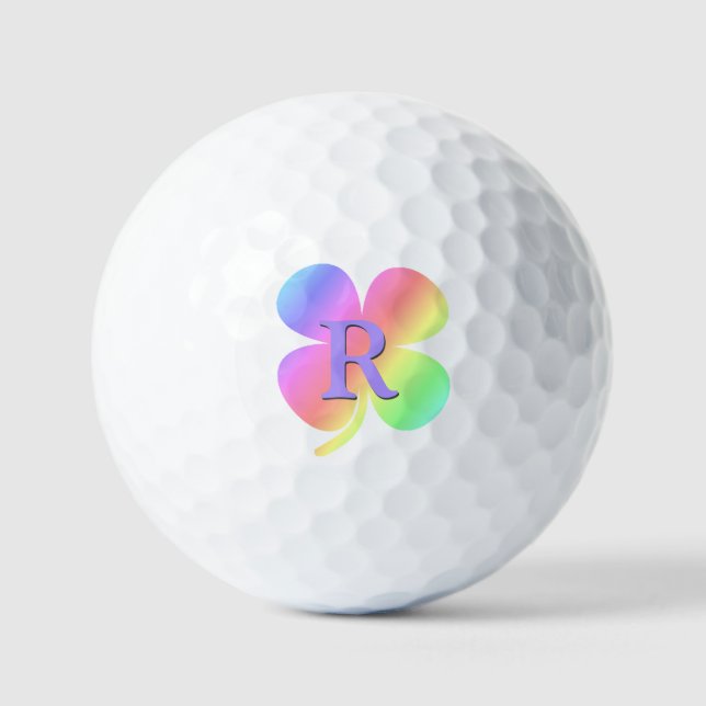 Colourful Lucky Four Leaf Clovers Monogrammed Golf Balls (Front)