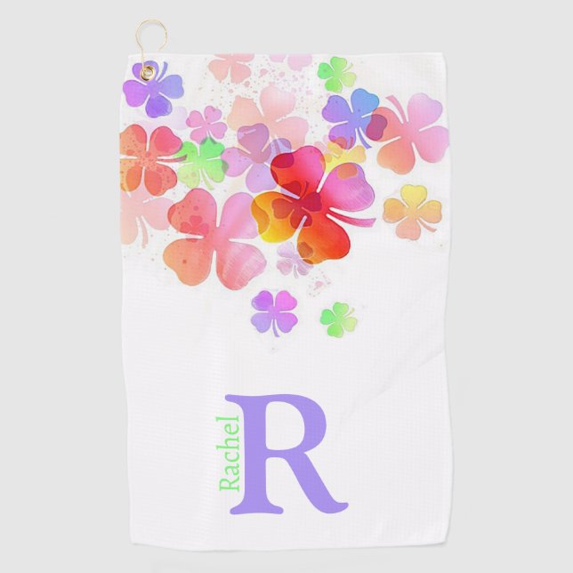 Colourful Lucky Four Leaf Clovers Monogrammed Golf Towel (Front)