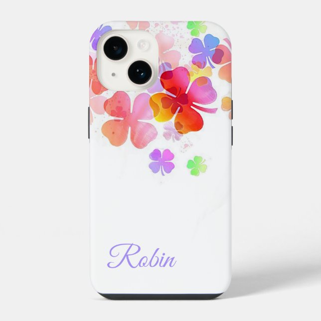 Colourful Lucky Four Leaf Clovers Personalized iPhone Case (Back)