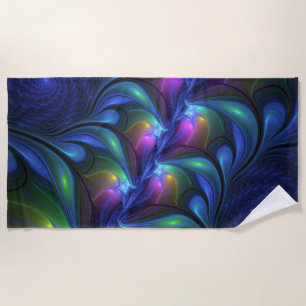 Colourful Luminous Abstract Blue Pink Green Fracta Beach Towel