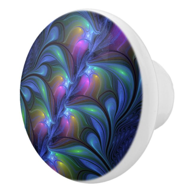 Colourful Luminous Abstract Blue Pink Green Fracta Ceramic Knob (Right)