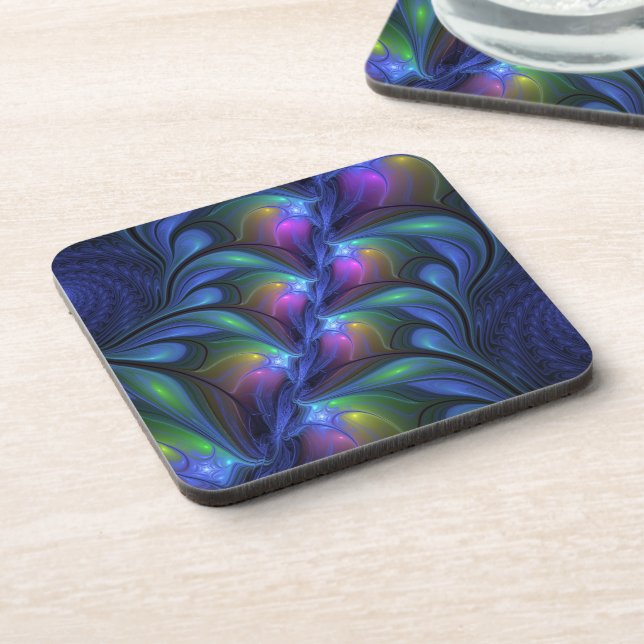 Colourful Luminous Abstract Blue Pink Green Fracta Coaster (Left Side)